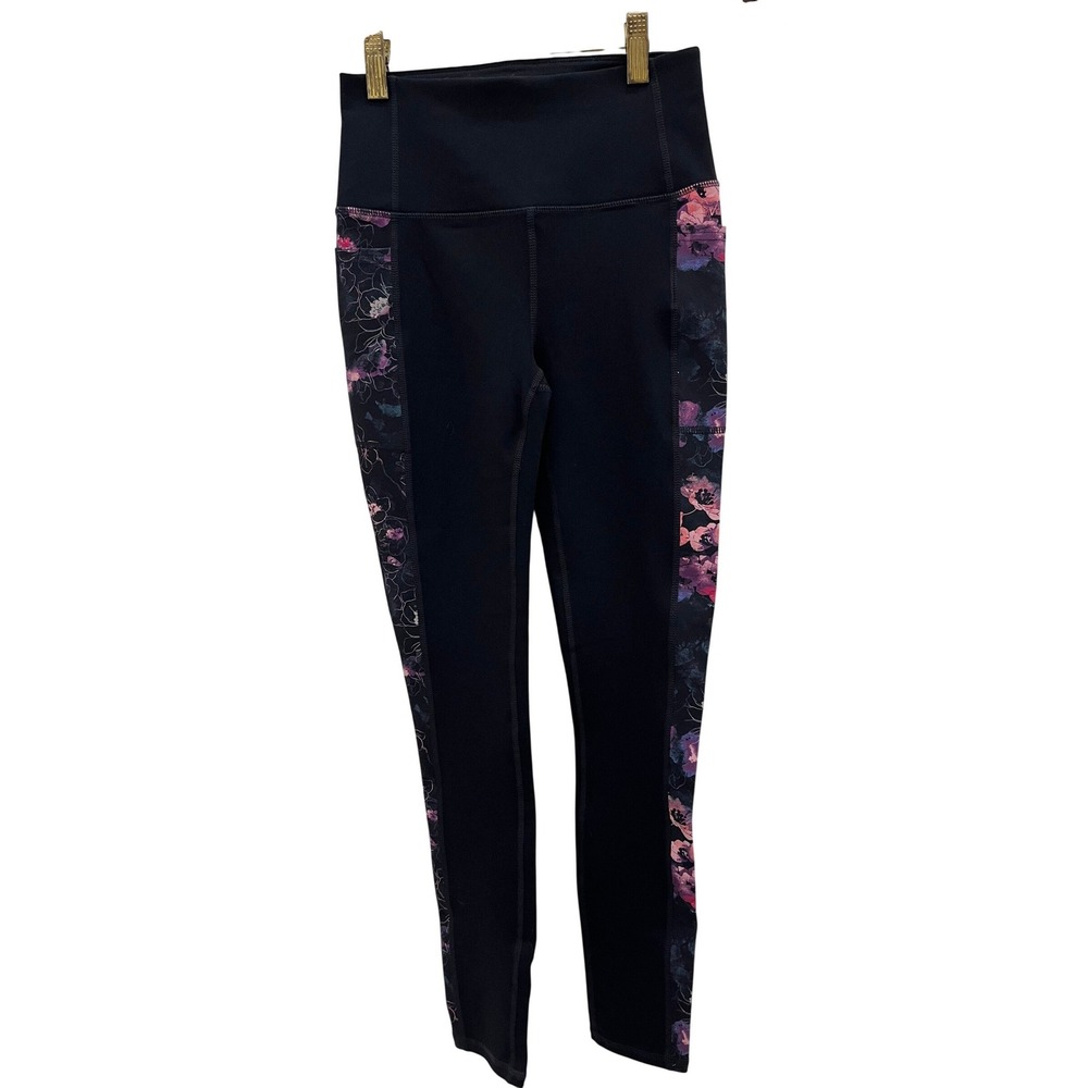 Skechers Leggings Womens XS Black Excellent Floral Side Pocket High Waist Tights